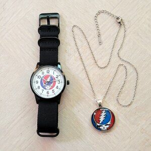 Ltd Edition Grateful Dead Watch Black Band Silver Cabochon Charm Necklace Set
